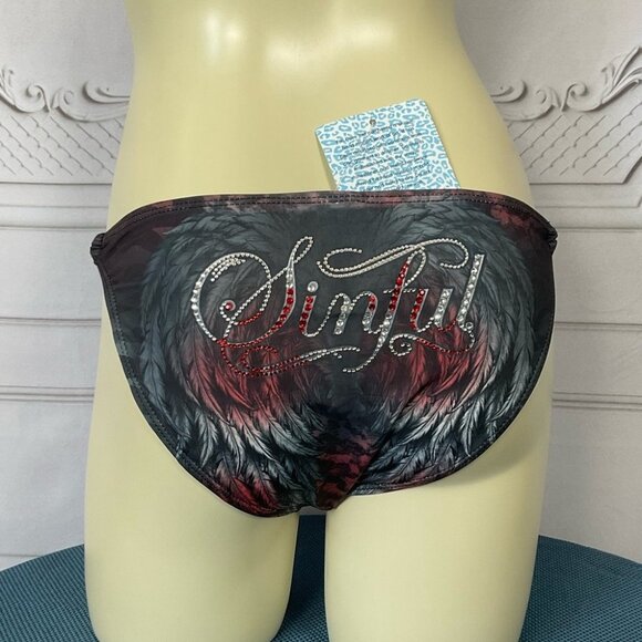 Sinful By Affliction Cedar Chain Bikini Bottom Red & Grey Wings Rhinestones Lg - Picture 1 of 5